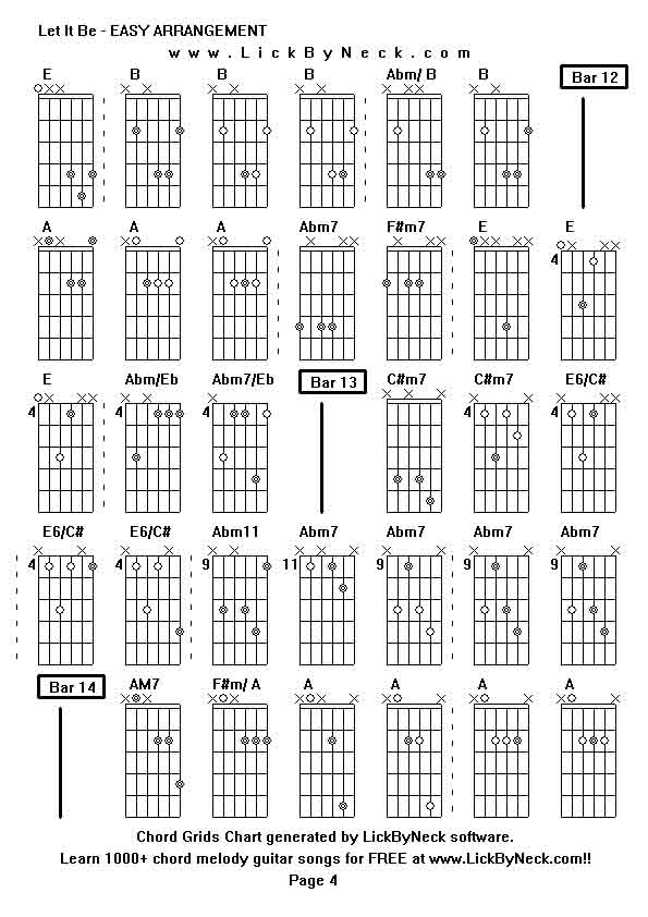 Chord Grids Chart of chord melody fingerstyle guitar song-Let It Be - EASY ARRANGEMENT,generated by LickByNeck software.